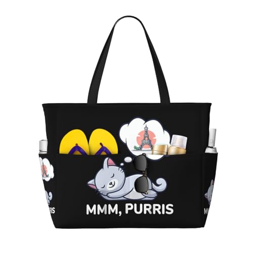 Funny Paris Cat Large Capacity Waterproof Beach Travel Bag With Multiple Pockets - Sandproof Tote For Swimming & Camping