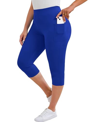 AusLook Plus Size Capri Leggings for Women with Pockets High Waisted Tummy Control Cropped Royal Blue 4X Leggings Buttery Soft Stretch Casual Lounge Workout Pants