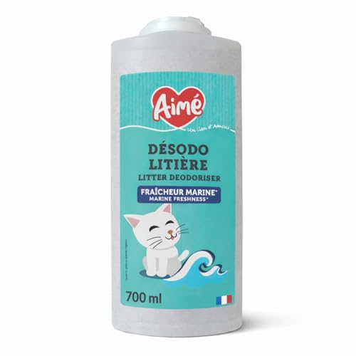 Aimé | Desodorante Arenero Gato Neutralizador de Olores 700 ml | Gránulos Absorbentes Fabricados a partir de Tobermorita | Ambientador Arenero para Gatos que Absorbe Malos Olores | Fragancia Marina
