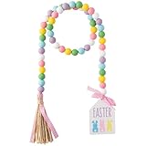 L1rabe Easter Bunny Wood Beads - 54Pcs Happy Easter Rabbit Farmhouse Garland Tiered Tray Decor Rainbow Wood Rustic Beads with Tassel Natural Jute Rope Plaid Spring Table Tray Wall Hanging Decor