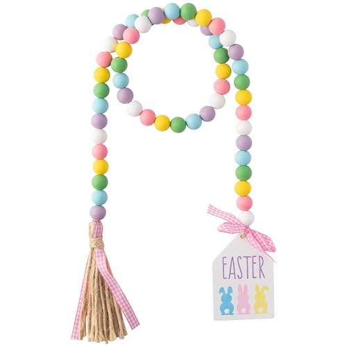 L1rabe Easter Bunny Wood Beads - 54Pcs Happy Easter Rabbit Farmhouse Garland Tiered Tray Decor Rainbow Wood Rustic Beads with Tassel Natural Jute Rope Plaid Spring Table Tray Wall Hanging Decor