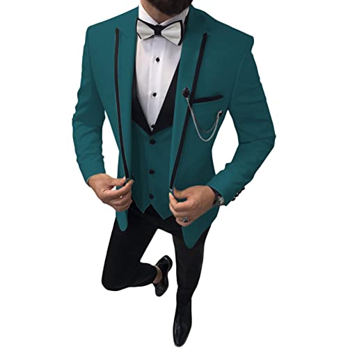 Men's 3 Pieces Stylish Slim Fit Suit Solid Lapel One Button Prom Blazer Sets Casual Wedding Jacket Vest Pants Set (Dark Green,Medium)