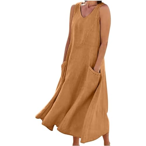 Womens Summer Cotton Linen Dress Sleeveless Elegant Flowy Dresses 2025 Plus Size Loose Comfy Maxi with Pockets