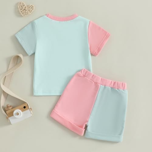 WZTYYDS Toddler Girl Summer Clothes Letter Print Short Sleeve Round Neck T-Shirt with Contrast Color Shorts Outfit3