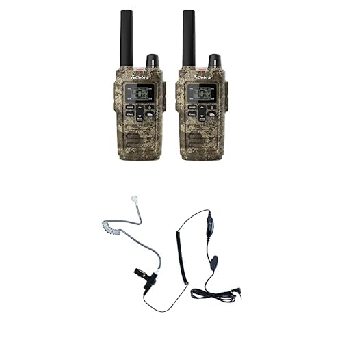 Image of Cobra RX380TTC 2-Pack Walkie Talkies & Compatible Cobra GA-SV01 2P Surveillance Headset Microphones: Rechargeable, 40 Preset Channels, Long Range 32-Mile Two-Way Radio Set, Camo