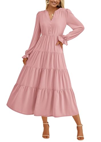 PRETTYGARDEN Long Sleeve Dress for Women 2025 Fall V Neck Tiered Aline Spring Elegant Modest Flowy Wedding Guest Maxi Dresses