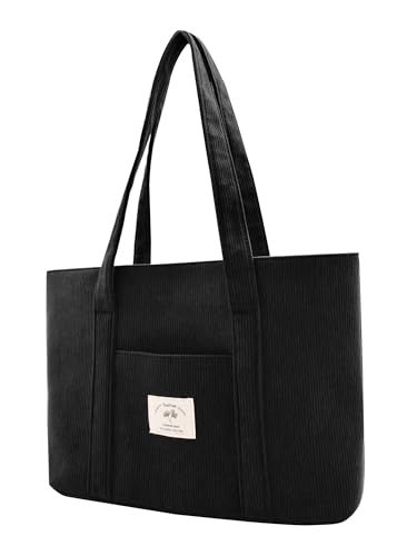 Image of TeeYee Women's Large Corduroy Tote Bag Zippered Shoulder Bag with Pockets | Strawberry Print Bag,Fits 15.6 inch Laptop,Wide Shoulder Straps,Large Capacity,Everyday Tote Bag,Multiple Pockets Design