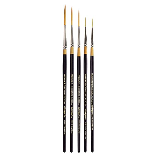 KINGART Premium Set de 5 Pinceles Script Liner Serie 9050 Original Gold, Pelo Sintético Golden Taklon para Acrílico, Óleo y Gouache, Mango Corto, 5 Tamaños: 18/0, 10/0, 1, 2, 4