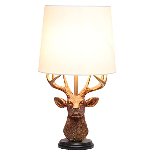 Simple Designs LT1095-CPR Woodland 17.25 Inch Tall Rustic Antler Copper Deer Bedside Table Desk Lamp W Tapered White Fabric Shade thumb #1