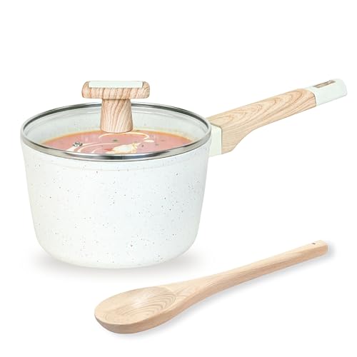 Image of Kreme Ceracook Ceramic Coated Granite Sauce Pan 1.8L /24cm with Glass Lid, ISI Certified Sauce Pot, Forged Aluminium, Gas & Induction Use, Non Toxic Tea, Chai PFAS & PTFE Free, 1 Yr Warranty, Ivory