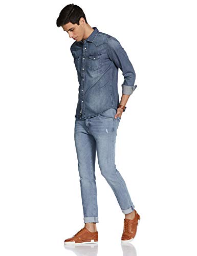 Image of Amazon Brand - Symbol Men's Cotton Slim Fit Denim Shirt | Casual | Plain | Full Sleeve | Summer (Available in Plus Sizes)