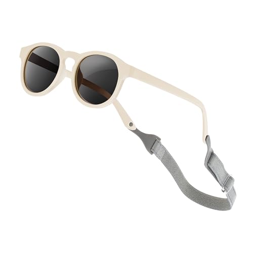 Image of VideMundi Baby Sunglasses with Strap Polarized Flexible UV400 for Infant Toddler Boys Girls Age 0-24 Months (Beige, Round)