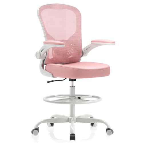 Image of Synorla Ergonomic Drafting Chair, Tall Mesh Office Chair with Flip-up Armrests, Lumbar Support & Adjustable Footrest Ring for Standing Desk Gray Pink