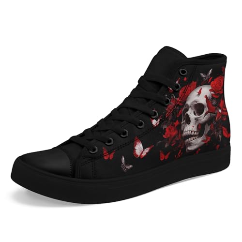 AWSOLE Gothic Skull High Top Canvas Sneakers for Men Women Butterflies Flames Flower Vivid Lace up Flat Casual Walking Shoes Black Red Grey