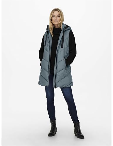JDY Damen 3/4-lange Steppweste mit Kapuze JDYSkylar Padded Hood Waistcoat 15220630 Stormy Weather/Black M