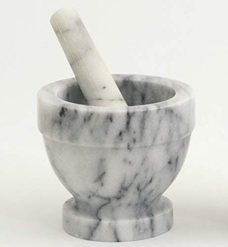 Mortaio a Vaso in Marmo Bianco Pestello White Marble Classic Mortar with Pestle Home Cucina Vintage Design Handmade Made in Italy 12x12cm