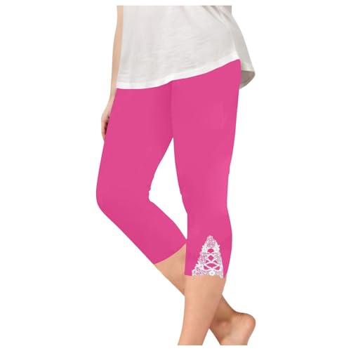 Girls Lace Trim Leggings 3/4 Length Capri Pants High Waist Stretchy Yoga Cropped Bottoms (Hot Pink, 2-3 Years)