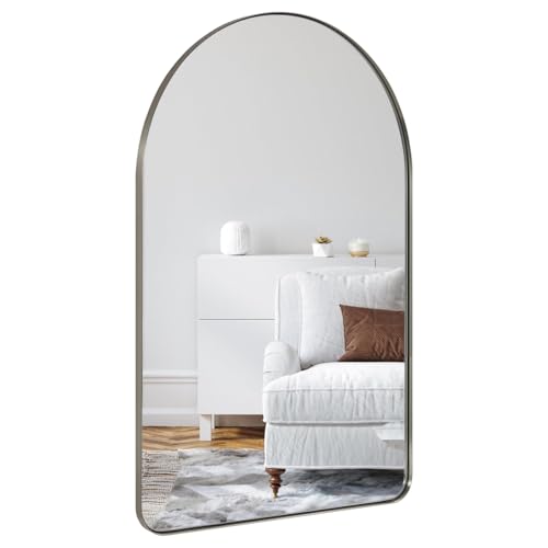 Image of ANDY STAR Arched Mirror, 20 inch x 30 inch Brushed Nickle Bathroom Mirror in Stainless Steel Metal Frame, Arch Top Rounded Corner 1 inch Deep Set Design Wall Mount Hangs Vertical