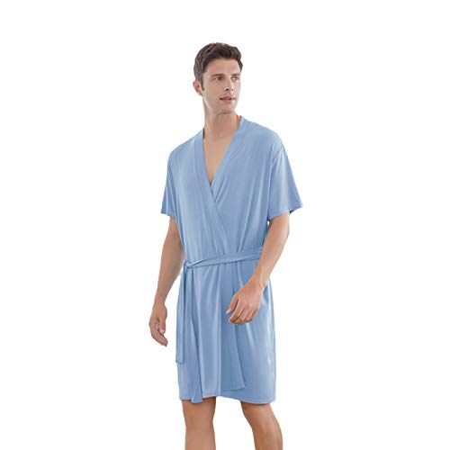7 VEILS Mens Kimono Modal Knit Robe Soft Hotel Spa Bathrobe Lightweight Short Knee Length Sleepwear (Blue grey Short Sleeve, XX-Large)