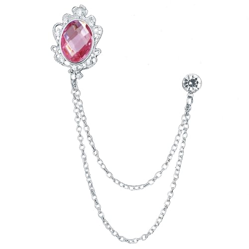 Image of Vintage Gemstone Chain Brooch Pin Rhinestone Long Chain Tassel Suit Pin Zircon Oval Crystal Lapel Pin Jewelry for Women Men