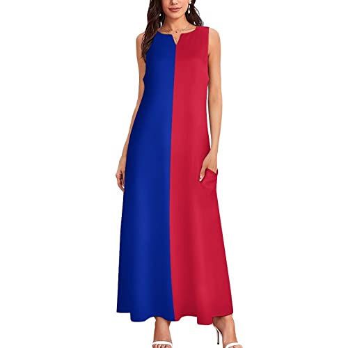 Image of TAIZIYEAH Womens Summer Haiti Flag Casual V Neck Sleeveless Long Dress XL