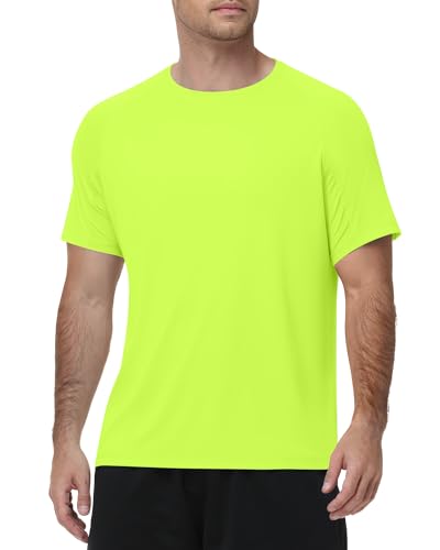 Runhit Mens Swim Shirt Short Sleeve UPF 50+ Sun Protection T-Shirt UV SPF Athletic Rash Guard for Fishing Beach Outdoor Sports Quick Dry Neon Yellow L