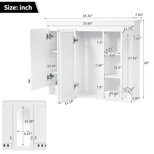Armario de almacenamiento para baño Merax de 36" x 28", montado en pared, con espejo | Armario de medicamentos de estilo country para baño con puertas de cierre suave, estantes ajustables y armario sobre inodoro miniatura 2