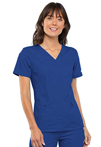 Cherokee Women's Scrubs Flexibles Sporty V-Neck Knit Panel Top, Galaxy Blue, Medium