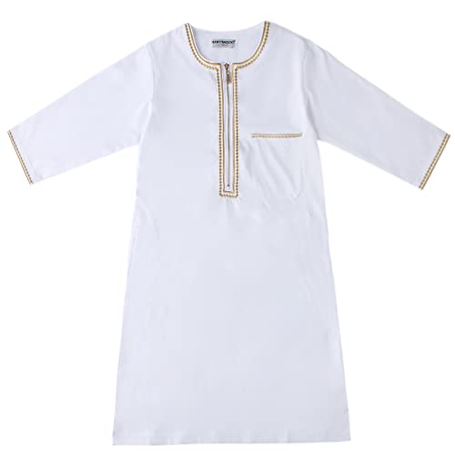 Imekis Kids Thobe For Boys Muslim Arab Boy's Islamic Dress Thobes Youth Long Sleeve Kaftan Embroidered Robe Arabic Full Length Solid Color Embroidery Prayer Clothes With Pockets White 4-5T #TOP5