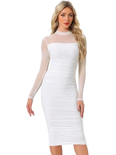 Image of Allegra K Mesh Dress for Women Long Sleeve Mock Neck Ruched Bodycon Dresses | Ruched, Lightweight Stretchy Mesh Sheer, Evening, Cocktail, Party Club