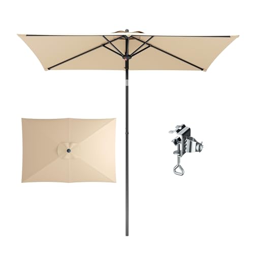 PHI VILLA 2.1x1.4x2.2m Sun Umbrella with Clamp Portable Tilting Garden Parasol Height Adjustable Patio Umbrella Rectangle Sun Shade UV50+ Protection for Balcony Beige