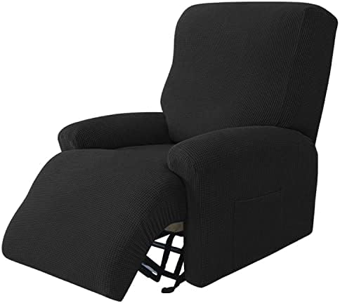 YOPOIY Latest Jacquard Recliner Chair Cover, 4 Pieces Knitted Fabric Electric Recliner Couch Covers with Pockets Anti-Wrinkle Removable Couch Slipcover with Elastic Bottom for Kids Pets-Black