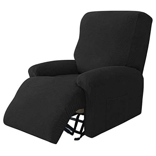 Yopoiy Latest Jacquard Recliner Chair Cover, 4 Pieces Knitted Fabric Electric Recliner Couch Covers With Pockets Anti-Wrinkle Removable Couch Slipcover With Elastic Bottom For Kids Pets-Black #TOP6
