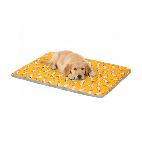 Dogat 70x50 cm Mediuml Dog Bed Mattress Washable Flat Dogs Crate Mat for Calming Anxiety in Yellow Pet Cushion Beds with Fluffy Plush Side