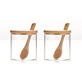2 Sets 300ML/10Oz Clear Glass Jar with Bamboo Lid and Wooden Spoon, Cute Sugar Bowl Bath Salt...