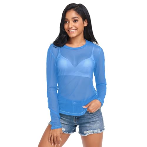 UMIRIKO Dodger Blue Sexy Long Sleeve Sheer Tops for Women S Dodger