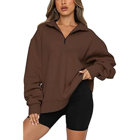 SMENG Ladies Tops Zipper Thermal Long Sleeve Top Women Hoodie Swetshirt. Womens Street Womens Half Zip Running Top Comfort Woman Clothes Winter Brown Size XL(uk18-20) Cover