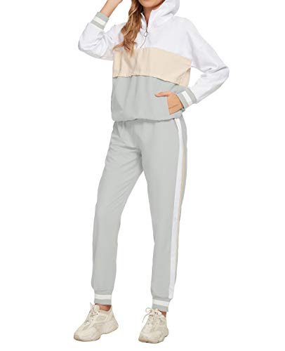 Unifizz Women's Casual 2 Piece Tracksuit Set Stripe Patchwork Sweatsuits Long Sleeve Sport Jogging Suit (685_Grey+White S) #TOP4
