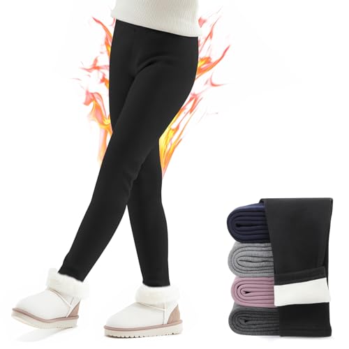 TXJ Sports Girls Fleece Lined Leggings Cotton Warm Leggings Full Length Pants Kids for Winter 5-11 Years
