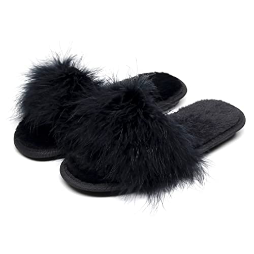 FAYUEKEY Faux Fur Slippers For Women Bride Wedding Open Toe Slippers House Outdoor Fuzzy Shoes