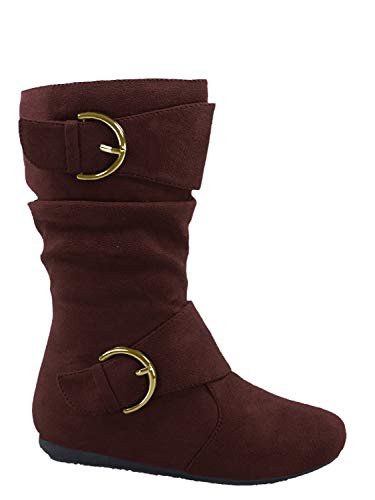 Link Klein-70k Girl's Kid's Faux Suede Two Buckle Zipper Flat Heel Mid Calf Slouchy Boot Shoes Brown 13