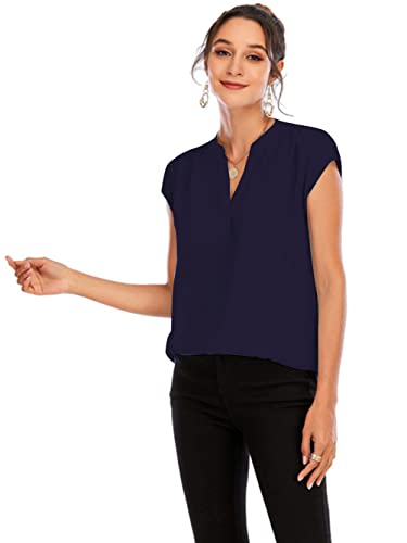 Famulily Womens Split V Neck Cap Sleeve Tops Frill Trim Elegant Work Office Blouse Shirts4