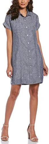 Cubavera womens Two-tone Two-pocket Short Sleeve Linen Guayabera Dress, Indigo, Large US