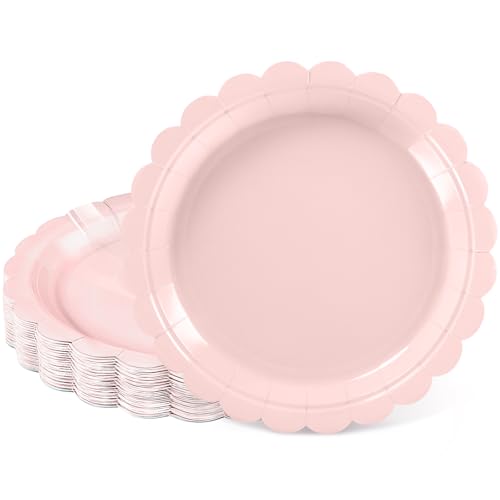 NatNarr 30 Pcs Pink Paper Plates, 7 Inch Scalloped Pink Mothers Day Dessert Cake Plates Cute Small Birthday Appetizer Party Plate for Girls Birthday, Wedding, Bridal Baby Shower