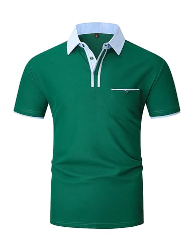 VMSUCIJ Hombres de Manga Corta Polo de algodón Slim Simple Esencial Moda Clásica con Bolsillo Trabajo Golf Camisa,41 Verde,L
