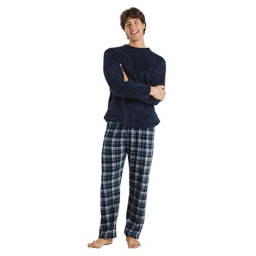 TRAMAS+ Pijama Hombre de Invierno, Pijama de Coralina con Manga Larga Polar y Pantalón Largo, Conjunto de Pijama Cómodo y calentito - M, Cuadro Brais Azul Marino