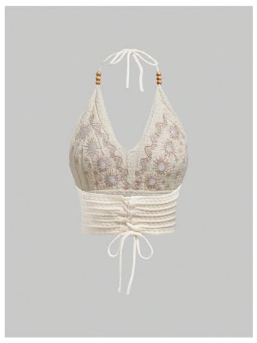 SHENHE Women's Open Back Knitted Halter Crop Top Tie Backless Embroidered Hippie Top2