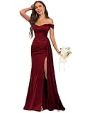 Huaxiafan Satin Bridesmaid Dresses Off The Shoulder Pleated Slit Mermaid Long Burgundy Formal Gown with Draping Size 10