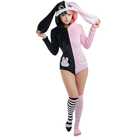 MEOWCOS Women Kawaii Bunny Girl Bodysuit Outfit Romper Pajama Onesies 3D Bunny Ear Long Sleeve Zipper Bodycon Jumpsuit Sleepwear with Choker and Socks Cover