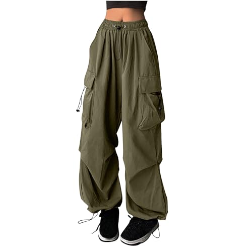 Frostluinai Womens Parachute Cargo Pants With Pockets Quick Dry Hiking Pants Lightweight Waterproof Baggy Joggers Drawstring Waist Outdoor Pants